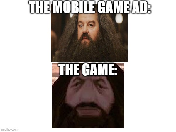 99% wont get past level 9 | THE MOBILE GAME AD:; THE GAME: | image tagged in hagrid | made w/ Imgflip meme maker