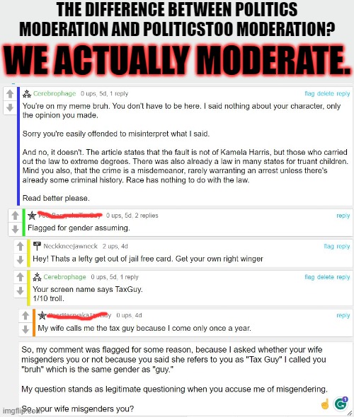 Partisan Moderators can't Moderate. | THE DIFFERENCE BETWEEN POLITICS MODERATION AND POLITICSTOO MODERATION? WE ACTUALLY MODERATE. | image tagged in connedservatives,get trolled,ragemod,flag nothingburger,self award,hypocrisy | made w/ Imgflip meme maker