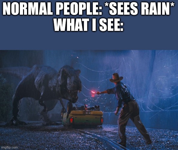 Jurassic Park Trex distraction | NORMAL PEOPLE: *SEES RAIN*
WHAT I SEE: | image tagged in jurassic park trex distraction,jurassic park,memes,relatable | made w/ Imgflip meme maker