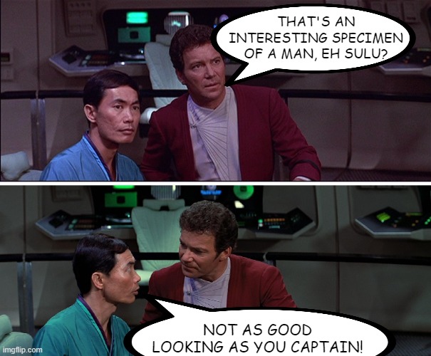 Sulu With the Compliment | THAT'S AN INTERESTING SPECIMEN OF A MAN, EH SULU? NOT AS GOOD LOOKING AS YOU CAPTAIN! | image tagged in kirk sulu star trek iii | made w/ Imgflip meme maker
