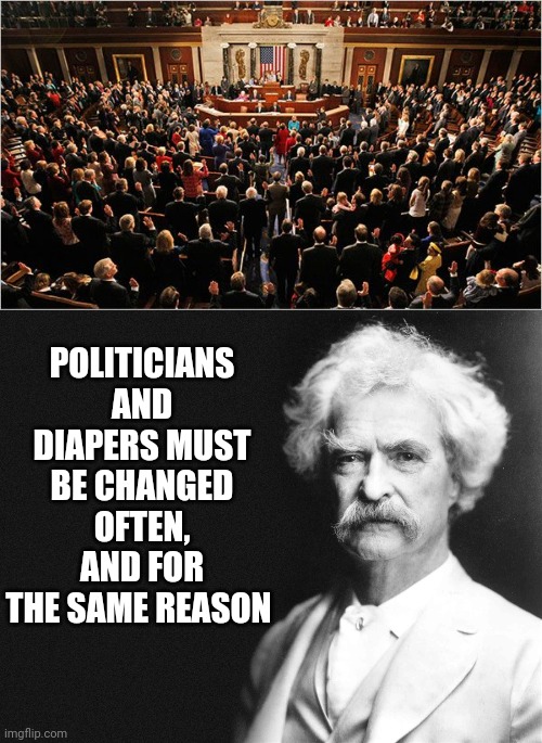 POLITICIANS AND DIAPERS MUST BE CHANGED OFTEN, AND FOR THE SAME REASON | image tagged in congress,mark twain | made w/ Imgflip meme maker
