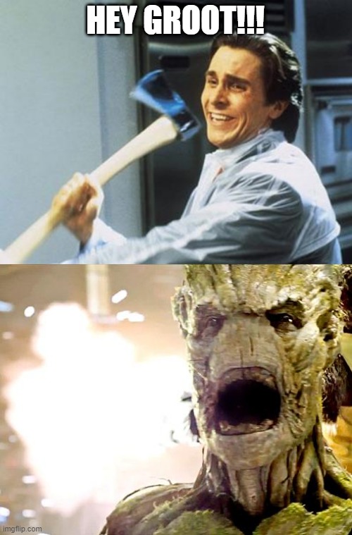 Patrick Wants to Axe Groot a Question | HEY GROOT!!! | image tagged in american psycho,groot | made w/ Imgflip meme maker