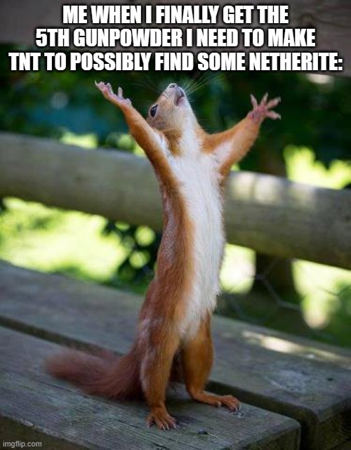 Praise Be | ME WHEN I FINALLY GET THE 5TH GUNPOWDER I NEED TO MAKE TNT TO POSSIBLY FIND SOME NETHERITE: | image tagged in praise be | made w/ Imgflip meme maker