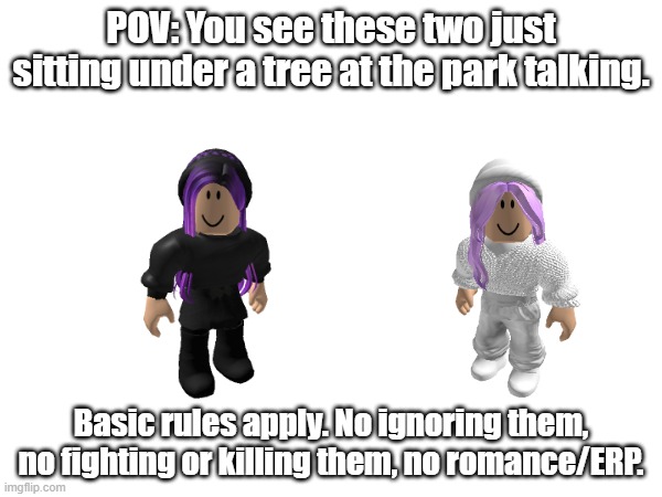 POV: You see these two just sitting under a tree at the park talking. Basic rules apply. No ignoring them, no fighting or killing them, no romance/ERP. | made w/ Imgflip meme maker