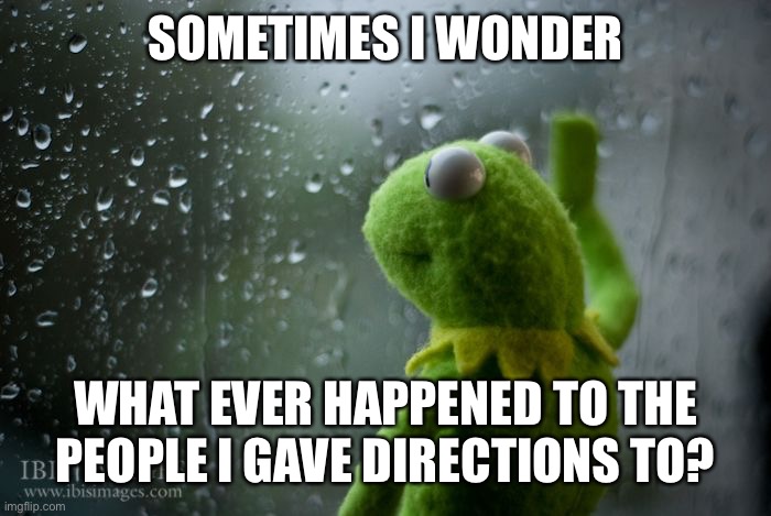 kermit window | SOMETIMES I WONDER; WHAT EVER HAPPENED TO THE PEOPLE I GAVE DIRECTIONS TO? | image tagged in kermit window | made w/ Imgflip meme maker