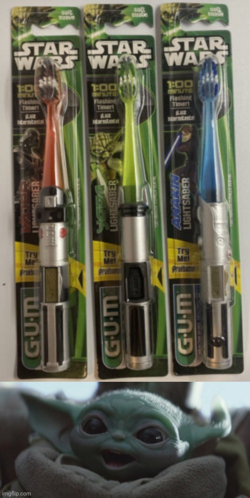 Star Wars lightsaber toothbrushes | image tagged in happy baby yoda,star wars,lightsaber,toothbrushes,toothbrush,memes | made w/ Imgflip meme maker