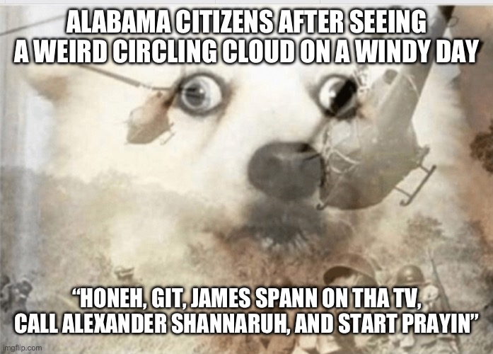 Average southerner, aka myself | ALABAMA CITIZENS AFTER SEEING A WEIRD CIRCLING CLOUD ON A WINDY DAY; “HONEH, GIT, JAMES SPANN ON THA TV, CALL ALEXANDER SHANNARUH, AND START PRAYIN” | image tagged in ptsd dog | made w/ Imgflip meme maker
