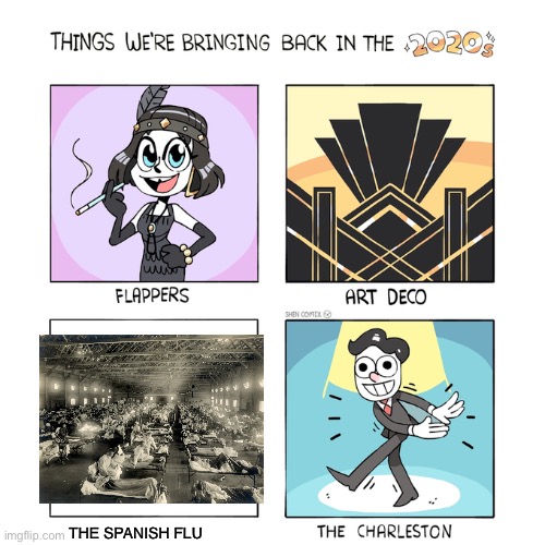 Hear me out here | THE SPANISH FLU | image tagged in things we're bringing back in the 2020s,covid-19,coronavirus,spanish,flu | made w/ Imgflip meme maker