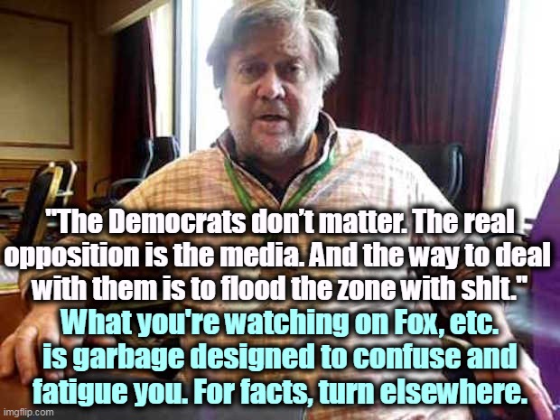 Steve Bannon, convicted fraudster and propagandist dealing in "alternative facts." | "The Democrats don’t matter. The real opposition is the media. And the way to deal 
with them is to flood the zone with shlt."; What you're watching on Fox, etc. is garbage designed to confuse and fatigue you. For facts, turn elsewhere. | image tagged in steve bannon convicted fraudster,maga,propaganda,garbage,fox news,fake news | made w/ Imgflip meme maker