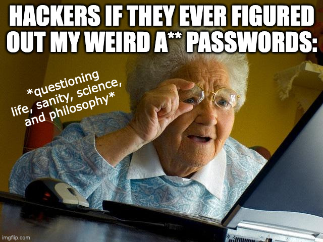 please don't judge me, future hacker | HACKERS IF THEY EVER FIGURED OUT MY WEIRD A** PASSWORDS:; *questioning life, sanity, science, and philosophy* | image tagged in memes,grandma finds the internet,password,weird | made w/ Imgflip meme maker