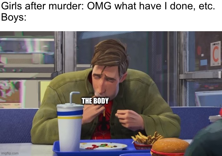 Spiderman Eating | Girls after murder: OMG what have I done, etc.
Boys:; THE BODY | image tagged in spiderman eating,wait thats illegal,dont,try,this,at home | made w/ Imgflip meme maker