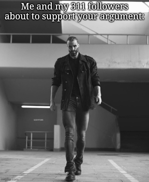 Giga chad walking | Me and my 311 followers about to support your argument: | image tagged in giga chad walking | made w/ Imgflip meme maker