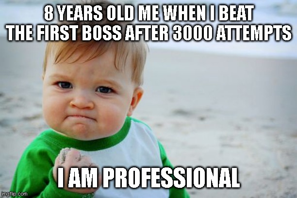 Success Kid Original | 8 YEARS OLD ME WHEN I BEAT THE FIRST BOSS AFTER 3000 ATTEMPTS; I AM PROFESSIONAL | image tagged in memes,success kid original | made w/ Imgflip meme maker