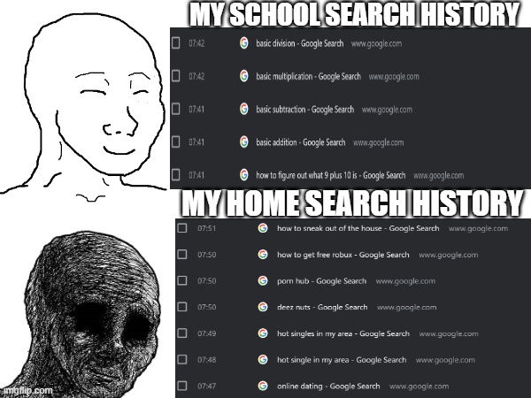Search History | MY SCHOOL SEARCH HISTORY; MY HOME SEARCH HISTORY | image tagged in search history,funny,relatable | made w/ Imgflip meme maker