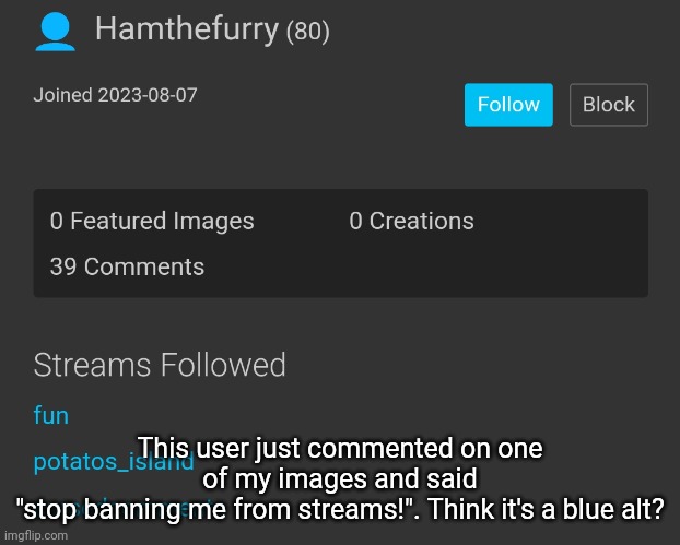 Link in comments | This user just commented on one of my images and said
"stop banning me from streams!". Think it's a blue alt? | made w/ Imgflip meme maker