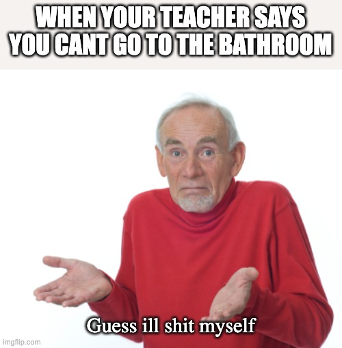 wtf r you supposed to do | WHEN YOUR TEACHER SAYS YOU CANT GO TO THE BATHROOM; Guess ill shit myself | image tagged in guess i'll die | made w/ Imgflip meme maker