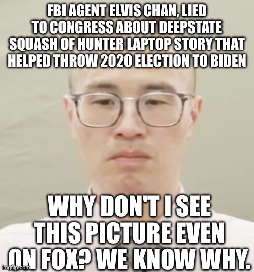 I don't even see the story reported on Fox w/out picture | FBI AGENT ELVIS CHAN, LIED TO CONGRESS ABOUT DEEPSTATE SQUASH OF HUNTER LAPTOP STORY THAT HELPED THROW 2020 ELECTION TO BIDEN; WHY DON'T I SEE THIS PICTURE EVEN ON FOX? WE KNOW WHY. | image tagged in memes | made w/ Imgflip meme maker