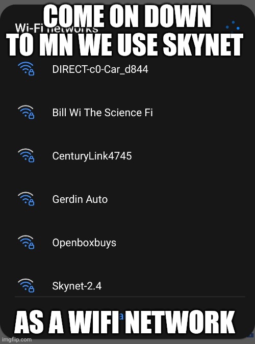 COME ON DOWN TO MN WE USE SKYNET; AS A WIFI NETWORK | image tagged in funny memes | made w/ Imgflip meme maker