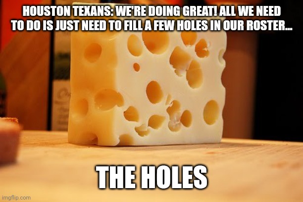 Football Season is about to begin. | HOUSTON TEXANS: WE'RE DOING GREAT! ALL WE NEED TO DO IS JUST NEED TO FILL A FEW HOLES IN OUR ROSTER... THE HOLES | image tagged in swiss cheese | made w/ Imgflip meme maker