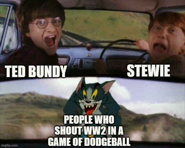 Tom chasing Harry and Ron Weasly | STEWIE; TED BUNDY; PEOPLE WHO SHOUT WW2 IN A GAME OF DODGEBALL | image tagged in tom chasing harry and ron weasly | made w/ Imgflip meme maker