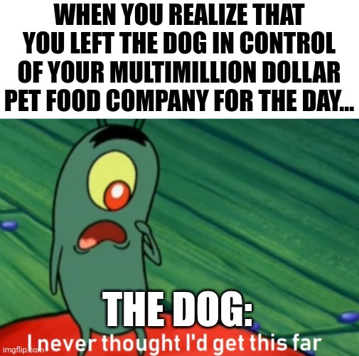 The dog didn't think he'd get this far | WHEN YOU REALIZE THAT YOU LEFT THE DOG IN CONTROL OF YOUR MULTIMILLION DOLLAR PET FOOD COMPANY FOR THE DAY... THE DOG: | image tagged in i never thought i'd get this far | made w/ Imgflip meme maker