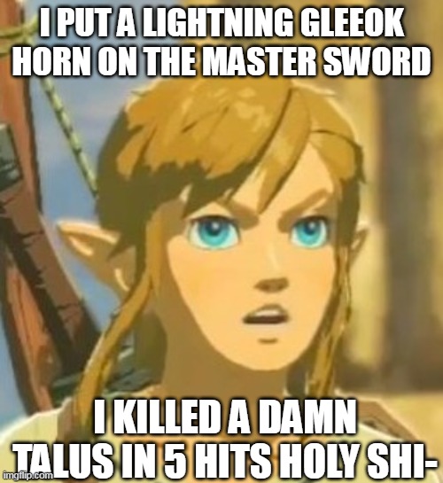 it doesnt even count as a damn hammer | I PUT A LIGHTNING GLEEOK HORN ON THE MASTER SWORD; I KILLED A DAMN TALUS IN 5 HITS HOLY SHI- | image tagged in offended link | made w/ Imgflip meme maker