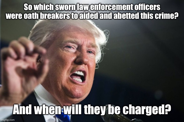 donald trump | So which sworn law enforcement officers were oath breakers to aided and abetted this crime? And when will they be charged? | image tagged in donald trump | made w/ Imgflip meme maker