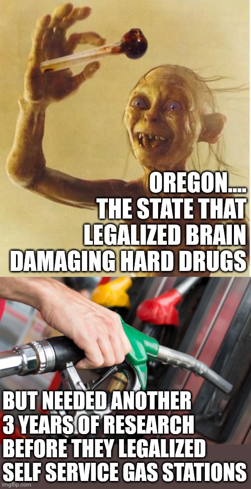 Good job Oregon! In another decade you might catch up to 1998! Wow! | OREGON.... THE STATE THAT LEGALIZED BRAIN DAMAGING HARD DRUGS; BUT NEEDED ANOTHER 3 YEARS OF RESEARCH BEFORE THEY LEGALIZED SELF SERVICE GAS STATIONS | image tagged in drug addict gollum,gas pump,oregon,innovation,hard work,really | made w/ Imgflip meme maker