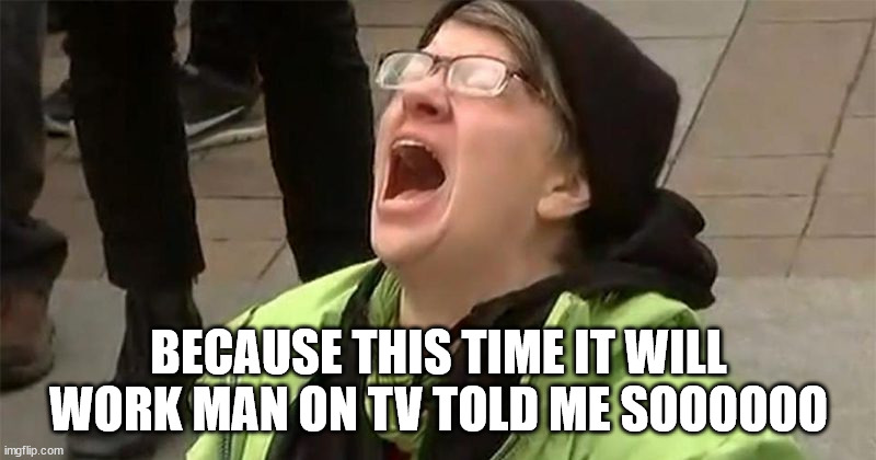 crying liberal | BECAUSE THIS TIME IT WILL WORK MAN ON TV TOLD ME SOOOOOO | image tagged in crying liberal | made w/ Imgflip meme maker