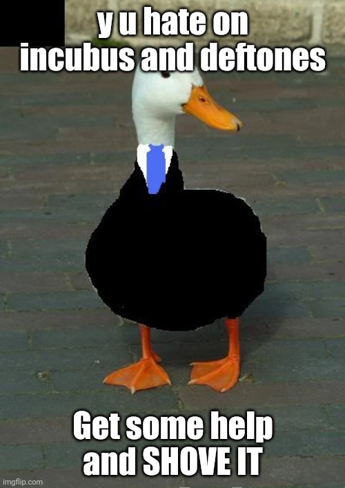 Business Goose | y u hate on incubus and deftones; Get some help and SHOVE IT | image tagged in business goose,heavy metal | made w/ Imgflip meme maker