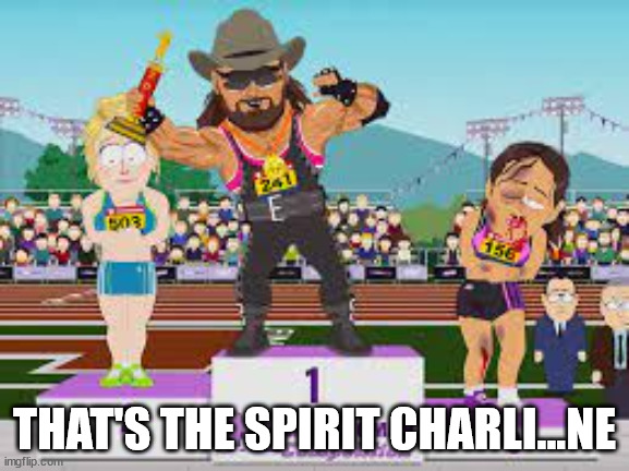 Sauthpark machoman | THAT'S THE SPIRIT CHARLI...NE | image tagged in sauthpark machoman | made w/ Imgflip meme maker