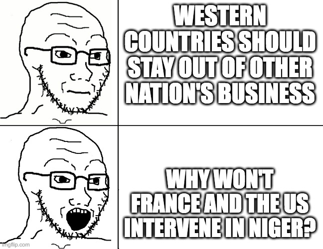 imperialism | WESTERN COUNTRIES SHOULD STAY OUT OF OTHER NATION'S BUSINESS; WHY WON'T FRANCE AND THE US INTERVENE IN NIGER? | image tagged in soyjak reaction | made w/ Imgflip meme maker