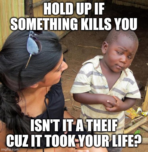 3rd World Sceptical Child | HOLD UP IF SOMETHING KILLS YOU; ISN'T IT A THEIF CUZ IT TOOK YOUR LIFE? | image tagged in 3rd world sceptical child | made w/ Imgflip meme maker