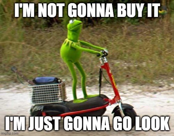 To buys things I can't afford | I'M NOT GONNA BUY IT; I'M JUST GONNA GO LOOK | image tagged in kermit scooter | made w/ Imgflip meme maker