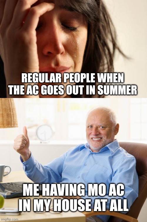 Yay heatwave! | REGULAR PEOPLE WHEN THE AC GOES OUT IN SUMMER; ME HAVING MO AC IN MY HOUSE AT ALL | image tagged in memes,first world problems,hide the pain harold | made w/ Imgflip meme maker