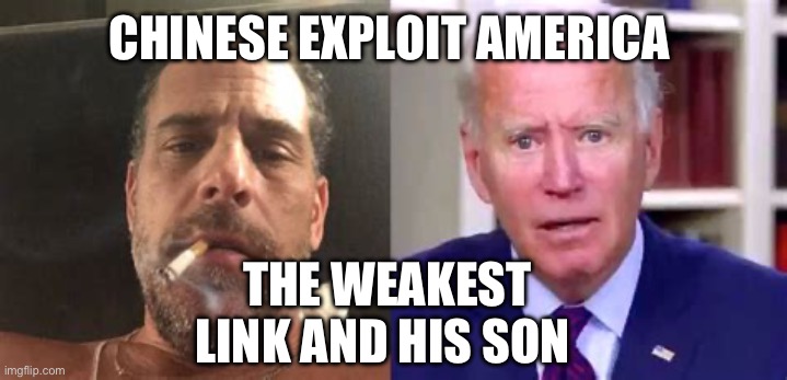 Democrat Politician for sale, Busted | CHINESE EXPLOIT AMERICA; THE WEAKEST LINK AND HIS SON | image tagged in biden brand,biden,democrats,corruption,incompetence | made w/ Imgflip meme maker