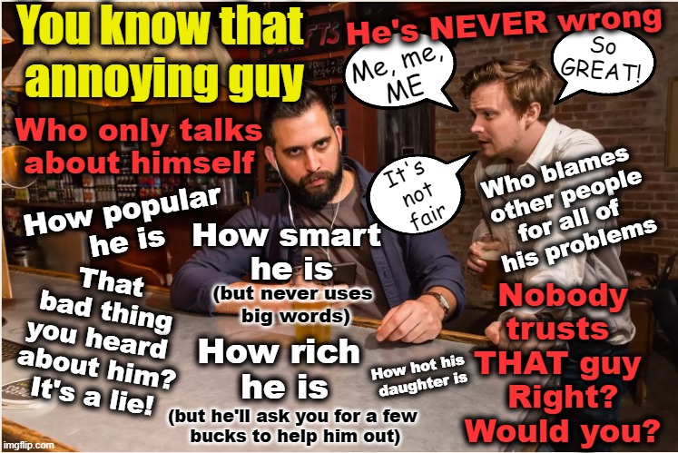 Nobody trusts THAT guy - Right? | He's NEVER wrong; You know that 
annoying guy; So
GREAT! Me, me,
ME; Who only talks
about himself; Who blames 
other people
for all of 
his problems; It's 
not
fair; How popular
he is; How smart
 he is; That
 bad thing 
you heard 
about him?
It's a lie! Nobody
trusts 
THAT guy 
Right?
Would you? (but never uses
 big words); How rich 
he is; How hot his 
daughter is; (but he'll ask you for a few 
bucks to help him out) | made w/ Imgflip meme maker