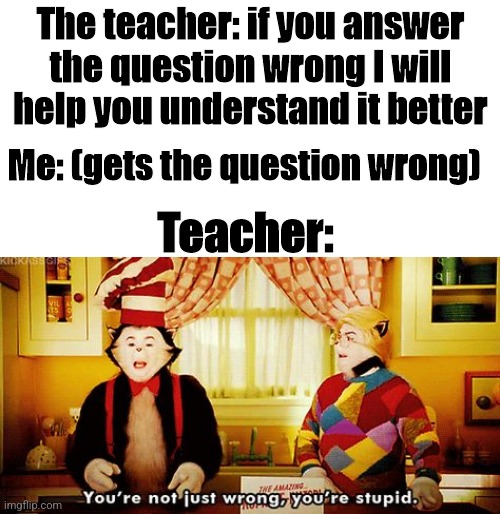 Why teachers | The teacher: if you answer the question wrong I will help you understand it better; Me: (gets the question wrong); Teacher: | image tagged in your not just wrong your stupid | made w/ Imgflip meme maker