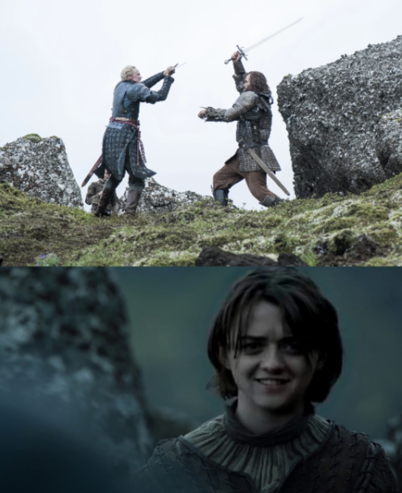 High Quality Brienne vs. The Hound, Arya smiles Blank Meme Template