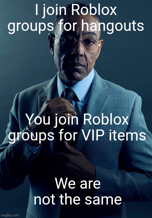 Gus Fring we are not the same | I join Roblox groups for hangouts; You join Roblox groups for VIP items; We are not the same | image tagged in gus fring we are not the same | made w/ Imgflip meme maker