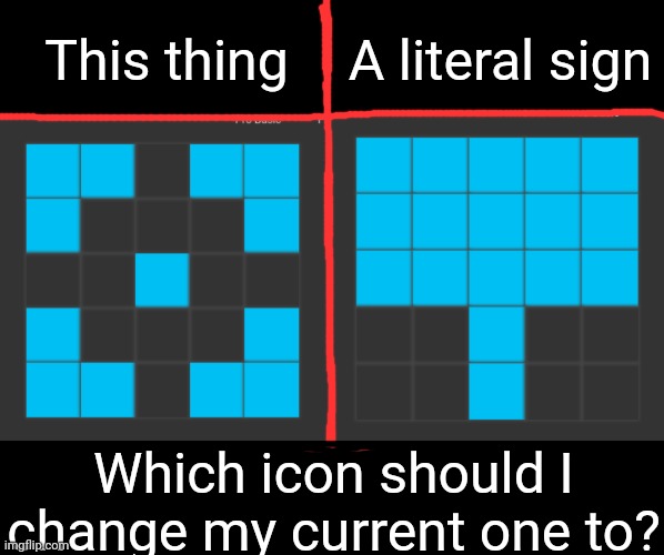 This is because I just got to 290k [You could also give me some ideas if you want] | A literal sign; This thing; Which icon should I change my current one to? | image tagged in idk,stuff,s o u p,carck | made w/ Imgflip meme maker