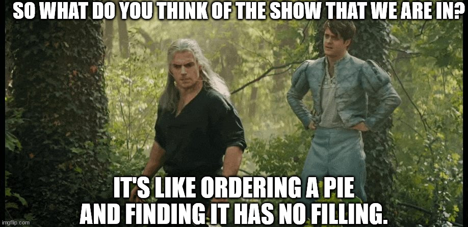 Just Geralt and Jaskier having a meta conversation about the Netflix Witcher Series | SO WHAT DO YOU THINK OF THE SHOW THAT WE ARE IN? IT'S LIKE ORDERING A PIE AND FINDING IT HAS NO FILLING. | image tagged in witcher meme - pie no filling | made w/ Imgflip meme maker
