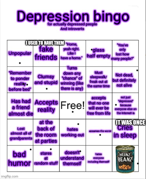 Could be worse | I USED TO HAVE THEM; IT WAS ONCE | image tagged in depressed and introvert bingo | made w/ Imgflip meme maker