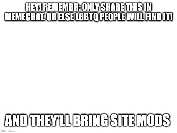 HEY! REMEMBR: ONLY SHARE THIS IN MEMECHAT. OR ELSE LGBTQ PEOPLE WILL FIND IT! AND THEY'LL BRING SITE MODS | made w/ Imgflip meme maker