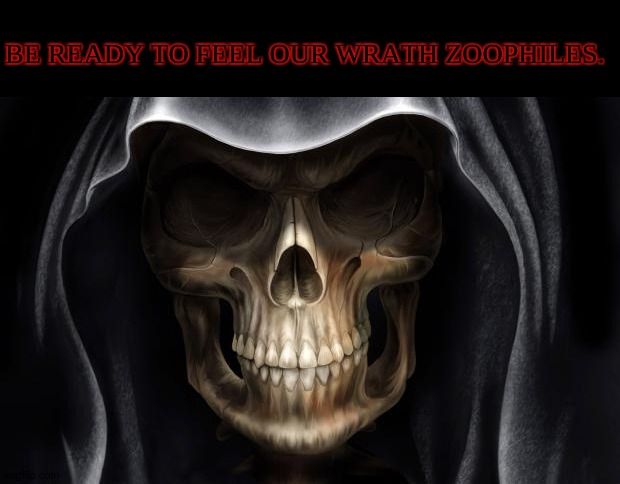 No mercy. | BE READY TO FEEL OUR WRATH ZOOPHILES. | image tagged in death skull | made w/ Imgflip meme maker