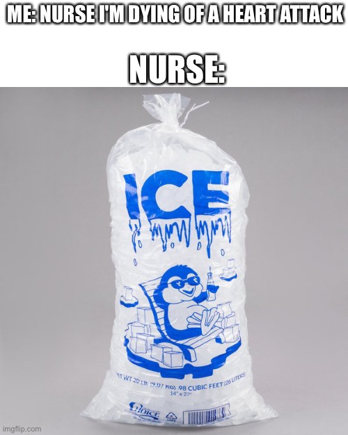 School nurse be like | NURSE:; ME: NURSE I'M DYING OF A HEART ATTACK | image tagged in bag of ice,true,memes,funny,school,nurse | made w/ Imgflip meme maker