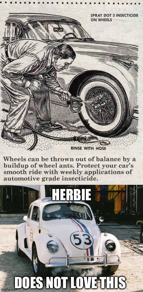 Herbie does not love bug spray | HERBIE; DOES NOT LOVE THIS | image tagged in bugs,spray,insecticide,beetle,volkswagen | made w/ Imgflip meme maker
