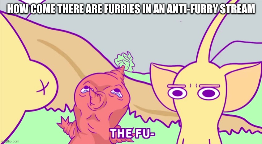 Yellow Pikmin bruh | HOW COME THERE ARE FURRIES IN AN ANTI-FURRY STREAM | image tagged in yellow pikmin bruh | made w/ Imgflip meme maker