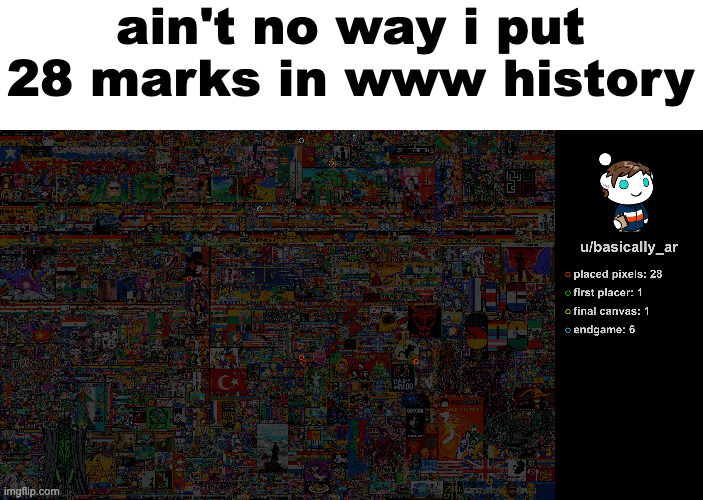 My pixels survived onto the final canvas lol | ain't no way i put 28 marks in www history | image tagged in place '23 | made w/ Imgflip meme maker