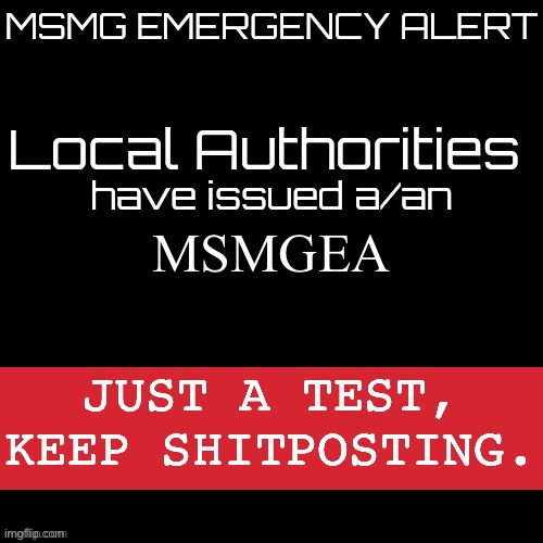 New MSMG EAS | MSMGEA; JUST A TEST, KEEP SHITPOSTING. | image tagged in new msmg eas | made w/ Imgflip meme maker